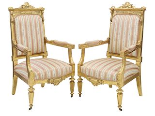 (2) LOUIS XVI STYLE GILTWOOD UPHOLSTERED FAUTEUILS