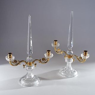 Pair Regency style crystal and bronze candelabra