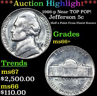 ***Auction Highlight*** 1966-p Jefferson Nickel Near TOP POP! 5c Graded ms66+ BY SEGS (fc)