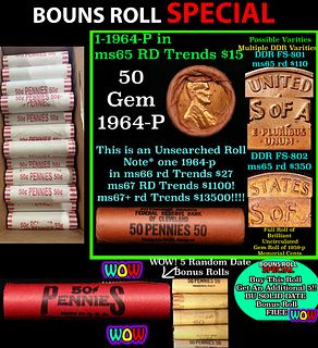 THIS AUCTION ONLY! BU Shotgun Lincoln 1c roll, 1964-p 50 pcs Plus FIVE bonus random date BU roll! Federal Reserve Bank of Cleveland Wrapper 50c