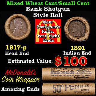 Small Cent Mixed Roll Orig Brandt McDonalds Wrapper, 1917-p Lincoln Wheat end, 1891 Indian other end, 50c