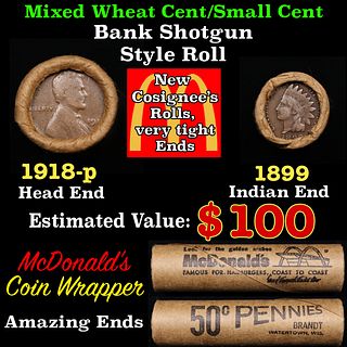 Small Cent Mixed Roll Orig Brandt McDonalds Wrapper, 1918-p Lincoln Wheat end, 1899 Indian other end, 50c