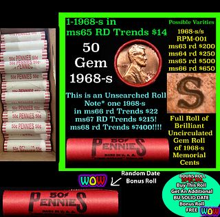 THIS AUCTION ONLY! BU Shotgun Lincoln 1c roll, 1968-s 50 pcs Plus one bonus random date BU roll! Steel Strong Wrapper 50c