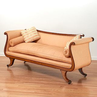 Regency style satinwood banded gondola sofa