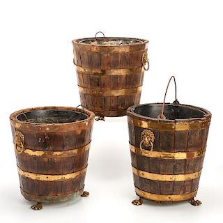 (3) antique English brass bound peat buckets