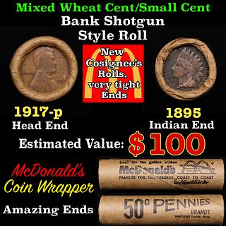 Small Cent Mixed Roll Orig Brandt McDonalds Wrapper, 1917-p Lincoln Wheat end, 1895 Indian other end, 50c