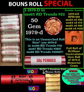 THIS AUCTION ONLY! BU Shotgun Lincoln 1c roll, 1979-d 50 pcs Plus FIVE bonus random date BU roll! Bank Wrapper 50c