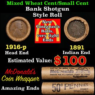 Small Cent Mixed Roll Orig Brandt McDonalds Wrapper, 1916-p Lincoln Wheat end, 1891 Indian other end, 50c