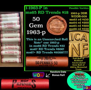 THIS AUCTION ONLY! BU Shotgun Lincoln 1c roll, 1963-p 50 pcs Plus one bonus random date BU roll! Federal Reserve Bank of Cleveland Wrapper 50c