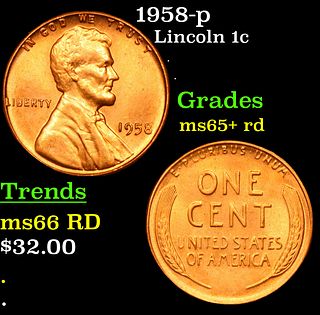 1958-p Lincoln Cent 1c Grades Gem+ Unc RD