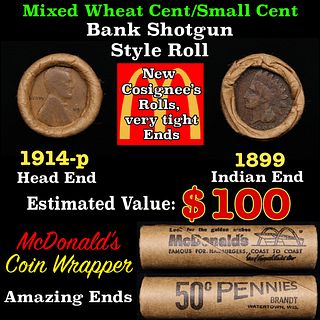 Small Cent Mixed Roll Orig Brandt McDonalds Wrapper, 1914-p Lincoln Wheat end, 1899 Indian other end, 50c