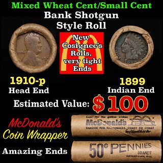 Small Cent Mixed Roll Orig Brandt McDonalds Wrapper, 1910-p Lincoln Wheat end, 1899 Indian other end, 50c