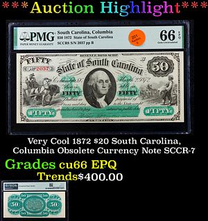 Very Cool 1872 $50 South Carolina, Columbia Obsolete Currency Note SCCR-8 George Washinton Graded cu66 EPQ By PMG