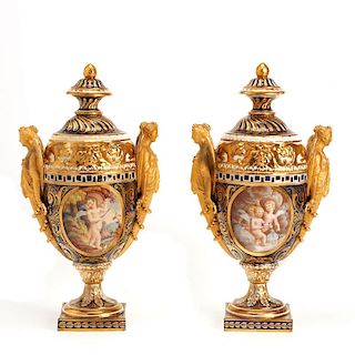 Pair Derby cobalt and gold ground urns and covers