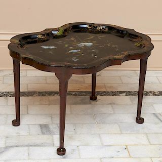 Early Victorian tole tray on later table base