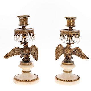 Pair Regency bronze, marble Eagle candlesticks