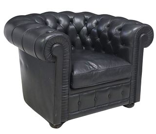 BUTTON-TUFTED BLACK LEATHER CLUB CHAIR