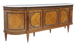 FRENCH LOUIS XVI STYLE MARBLE-TOP MAHOGANY SIDEBOARD, 105"L