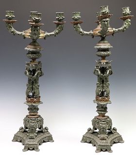(2) FRENCH PATINATED METAL FIGURAL FOUR-LIGHT CANDELABRA
