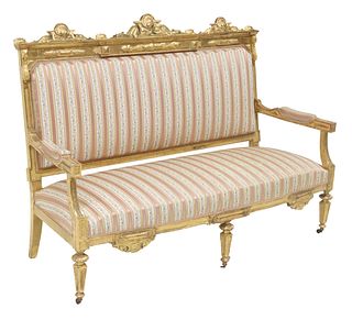 LOUIS XVI STYLE GILTWOOD & FLORAL UPHOLSTERED SALON SETTEE/ SOFA