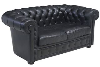 BUTTON-TUFTED BLACK LEATHER CHESTERFIELD SOFA, 64"L