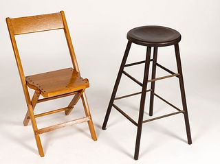 WOODEN STOOL AND FOLDING CHAIR, LOT OF TWO