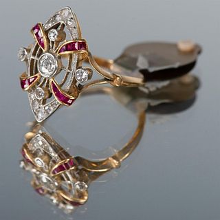 Art Nouveau Gold, Diamonds and Rubies Ring