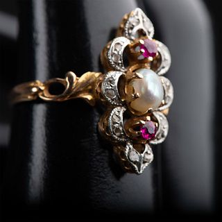 Art Nouveau Floral Gold, Diamonds, Pearl and Ruby Ring