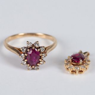 2pc Delicate 14K Gold, Diamond & Ruby Ring and Pendant