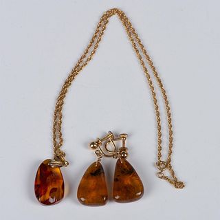 2pc Gold and Amber Necklace and Screw-Back Earrings