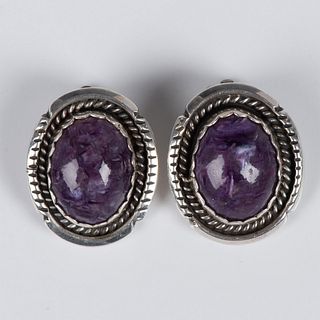 Native American Sterling Silver and Charoite Clip-On Earrings