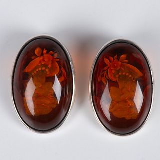 Art Nouveau Reverse Carved Amber Cameo Clip-On Earrings
