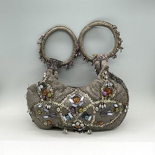 Mary Frances Fabric Handbag, Charcoal Grey w Beads