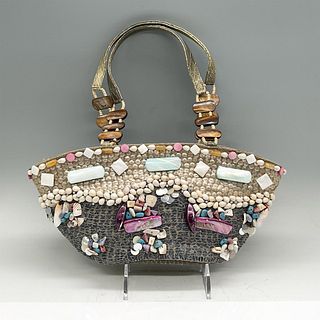 Mary Frances Fabric Handbag, Taupe With Multicolor Beads