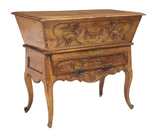 FRENCH PROVINCIAL LOUIS XV STYLE FRUITWOOD DOUGH BIN ON STAND
