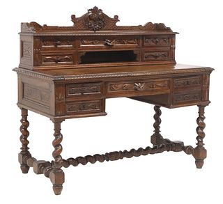 FRENCH LOUIS XIII STYLE CARVED OAK WRITING DESK
