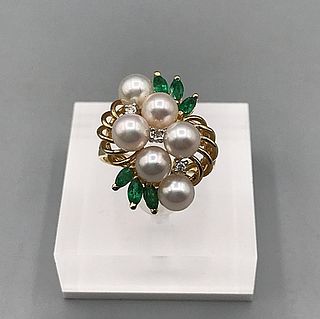 Vintage c1980 Salt Water Pearl and Emerald Ring-14k 