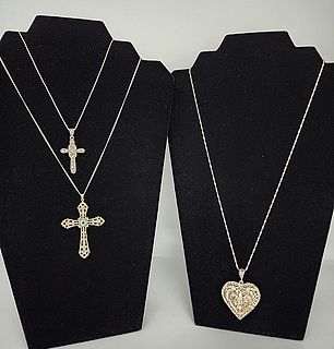 Group of 3 Sterling Necklaces-Crosses and Hearts