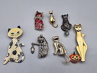 7 Cat Brooches-Sterling and More