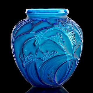LALIQUE "Sauterelles" vase, electric blue glass