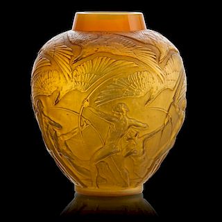 LALIQUE "Archers" vase, cased yellow glass