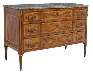 FRENCH LOUIS XVI STYLE MARBLE-TOP MATCHED VENEER COMMODE