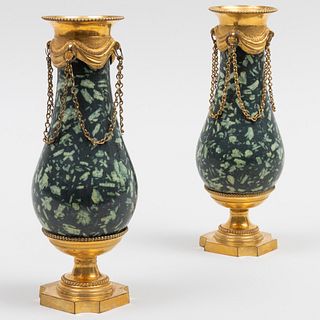 Pair of Louis XVI Ormolu-Mounted Green Porphyry Urns