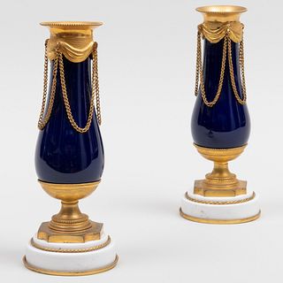 Pair of Louis XVI Style Ormolu-Mounted Cobalt Porcelain and Marble Urns