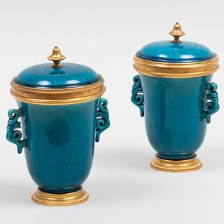Pair of Continental Turquoise Glazed Porcelain Ormolu-Mounted Vases and Covers