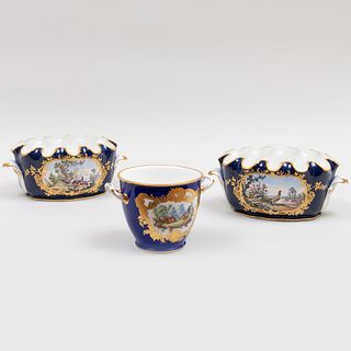 Pair of Sevres Cobalt Ground Later Decorated Porcelain Monteiths and a Bottle Cooler 