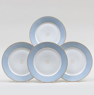 Set of Four Sevres Monogrammed Light Blue Ground Porcelain Plates