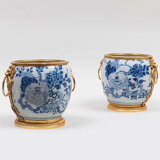 Pair of Chinese Blue and White Porcelain Gilt-Metal-Mounted Cache Pot
