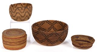 NATIVE AMERICAN WOVEN COIL BASKETS, LOT OF FOUR
