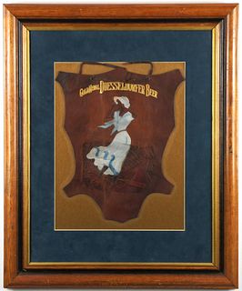 1908 Gold Medal Dusseldorfer Beer Small Lithographed Leather "Hide" Sign Indianapolis Indiana
